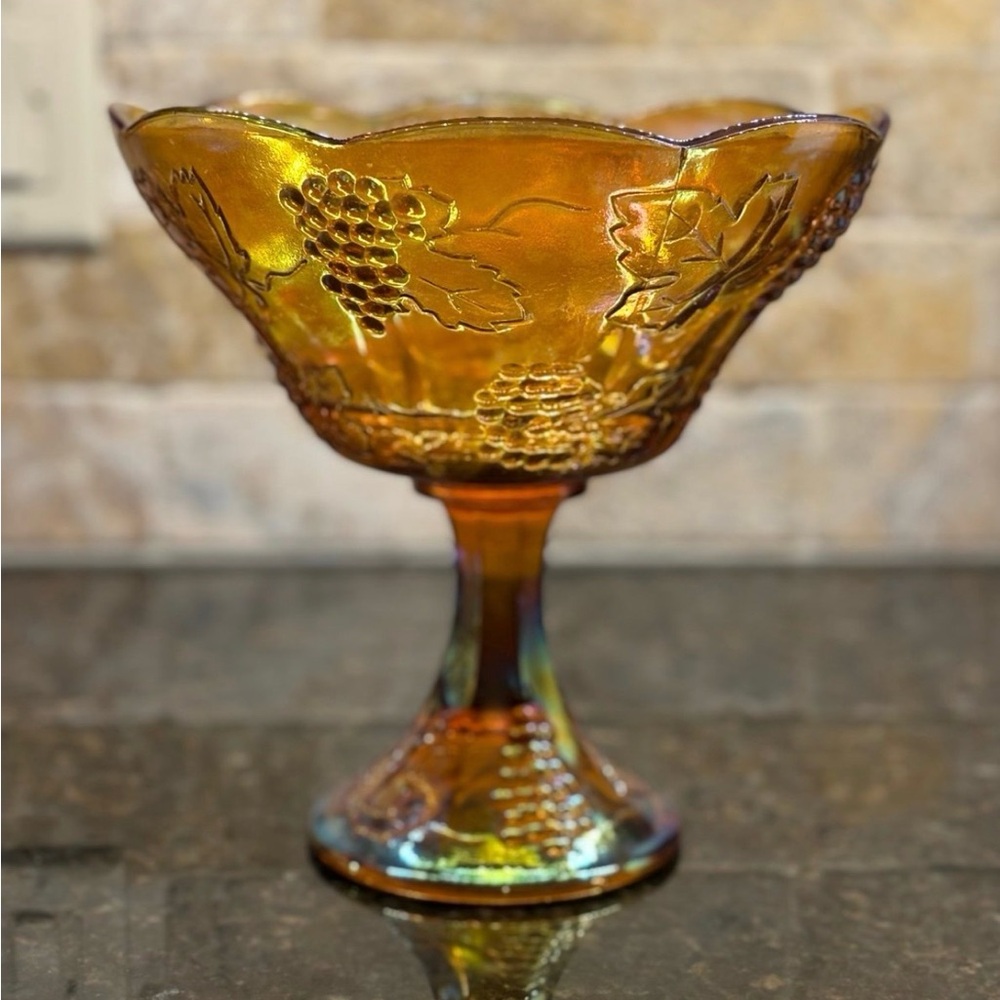 Indiana Glass Harvest Grape amber carnival glass compote pedestal bowl.